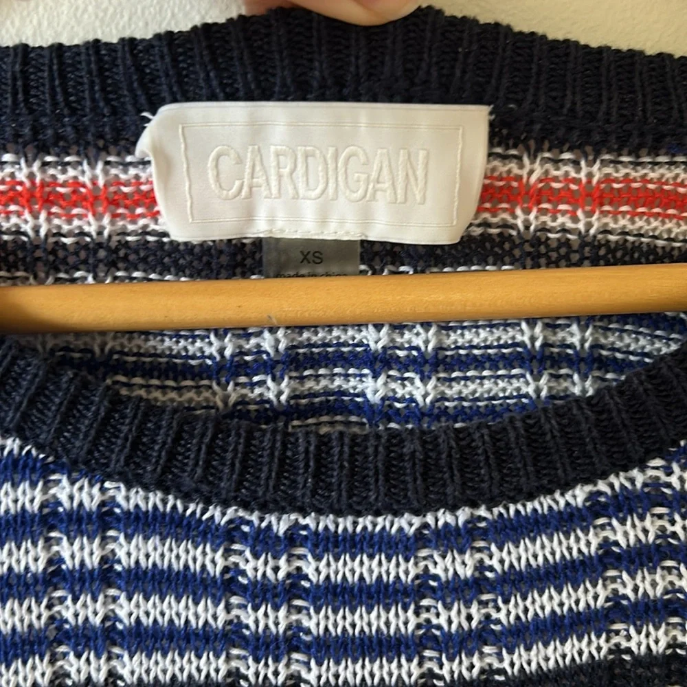 100% Linen Stripe Navy Cropped Crewneck Sweater Cardigan Brand XS